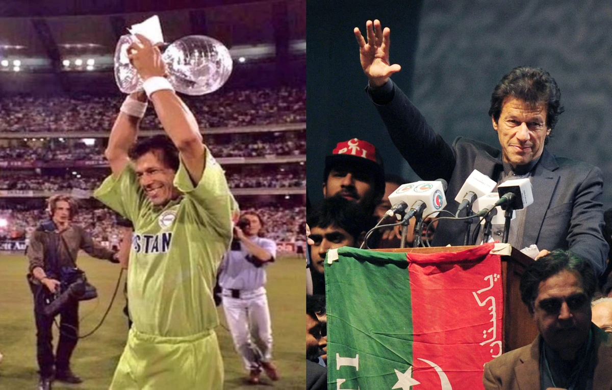 The photo collage shows Pakistani cricket hero turned politician Imran Khan gesture as he addresses supporters during a public meeting in Karachi on December 25, 2011 (R) and as he holds the 1992 World Cup Trophy during the victory presentation at the Melbourne Cricket Ground 25 March 1992 (L). (AFP)