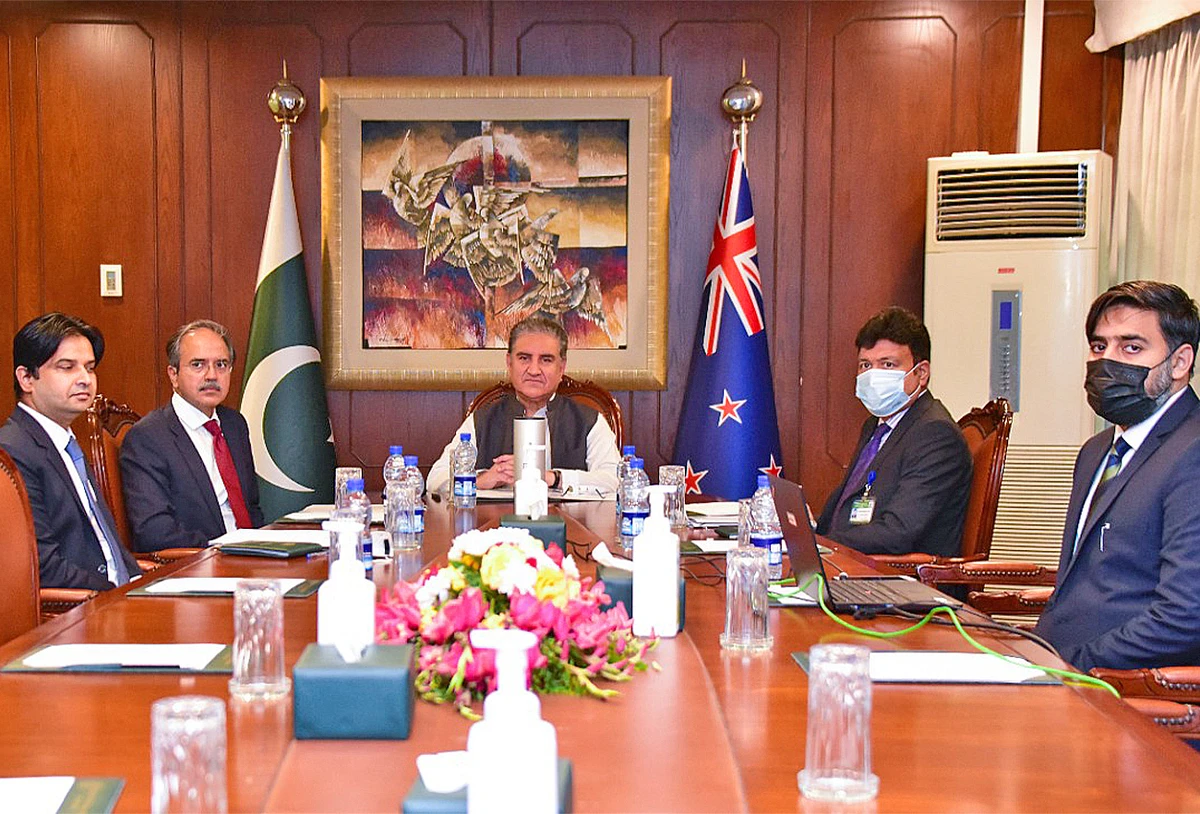 Pakistan's Foreign Minister Shah Mahmood Qureshi (center) addresses a virtual meeting with his New Zealand counterpart Nanaia Mahuta (not pictured) in Islamabad, Pakistan, on October 13, 2021. (Photo courtesy: APP)