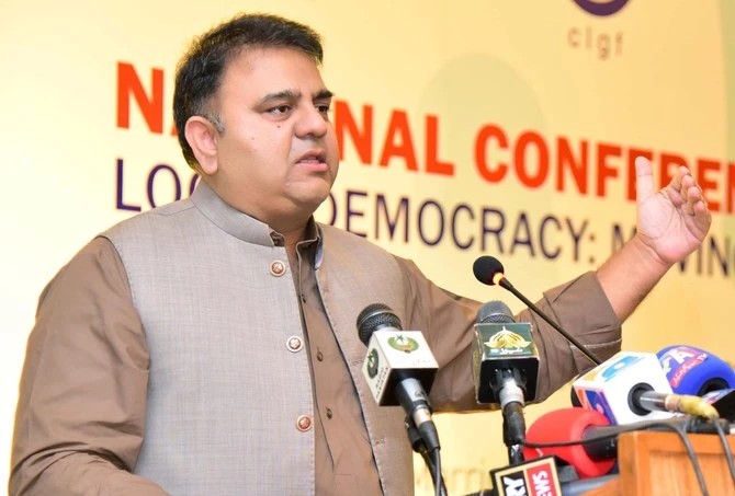 Pakistani information minister Chaudhry Fawad Hussain addressing a national conference on "Local Democracy and Moving Forward" in Islamabad, Pakistan on Sept. 28, 2021. (PID Photo)