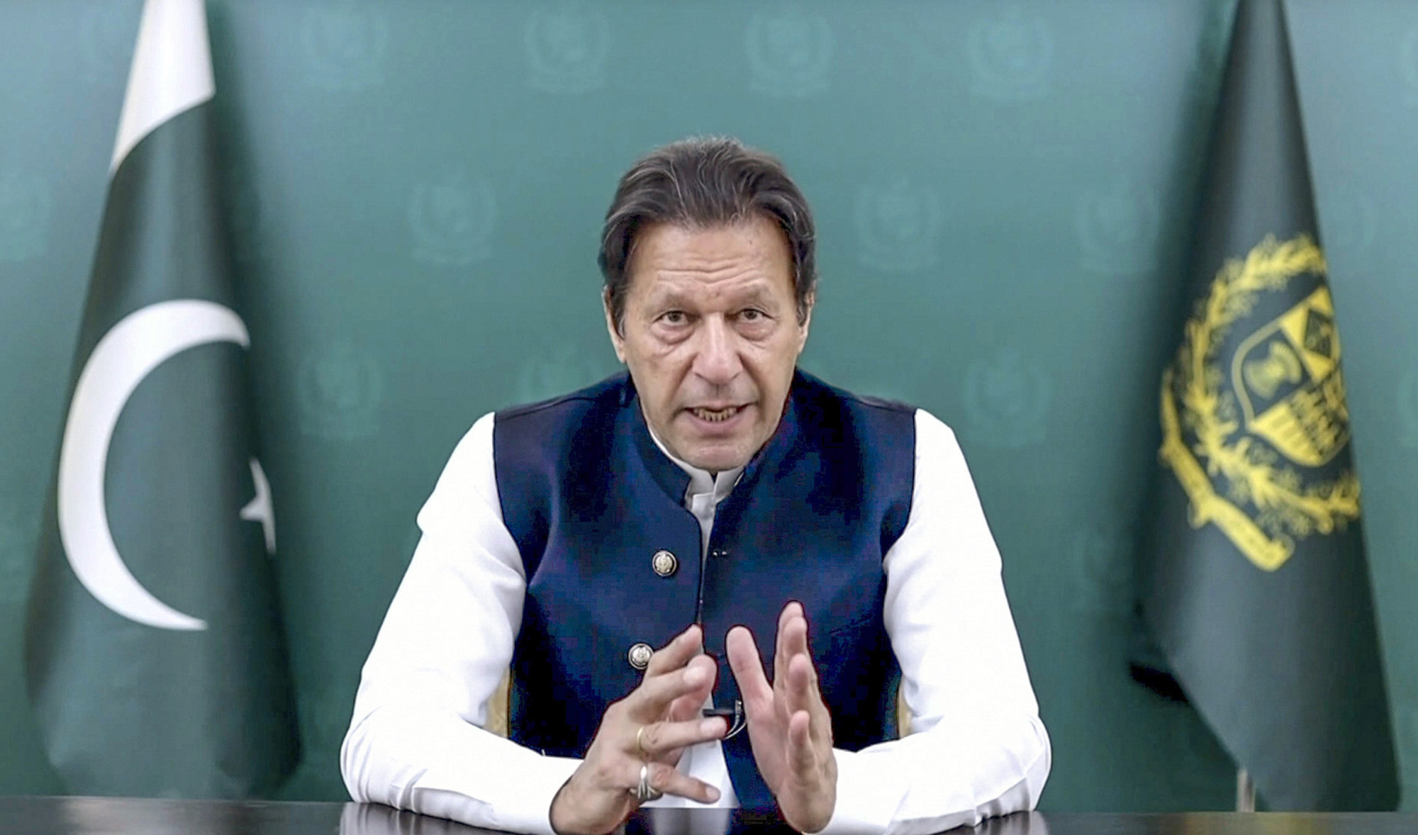 In this image taken from video provided by UN Web TV, Imran Khan, Prime Minister of Pakistan, remotely addresses the 76th session of the United Nations General Assembly in a pre-recorded message, Friday Sept. 24, 2021 at UN headquarters. (AP)
