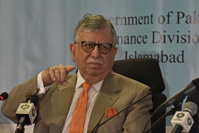 Pakistan's Finance Minister Shaukat Tarin gestures during a pre-budget press conference in Islamabad, Pakistan, on June 10, 2021. (AFP/File)