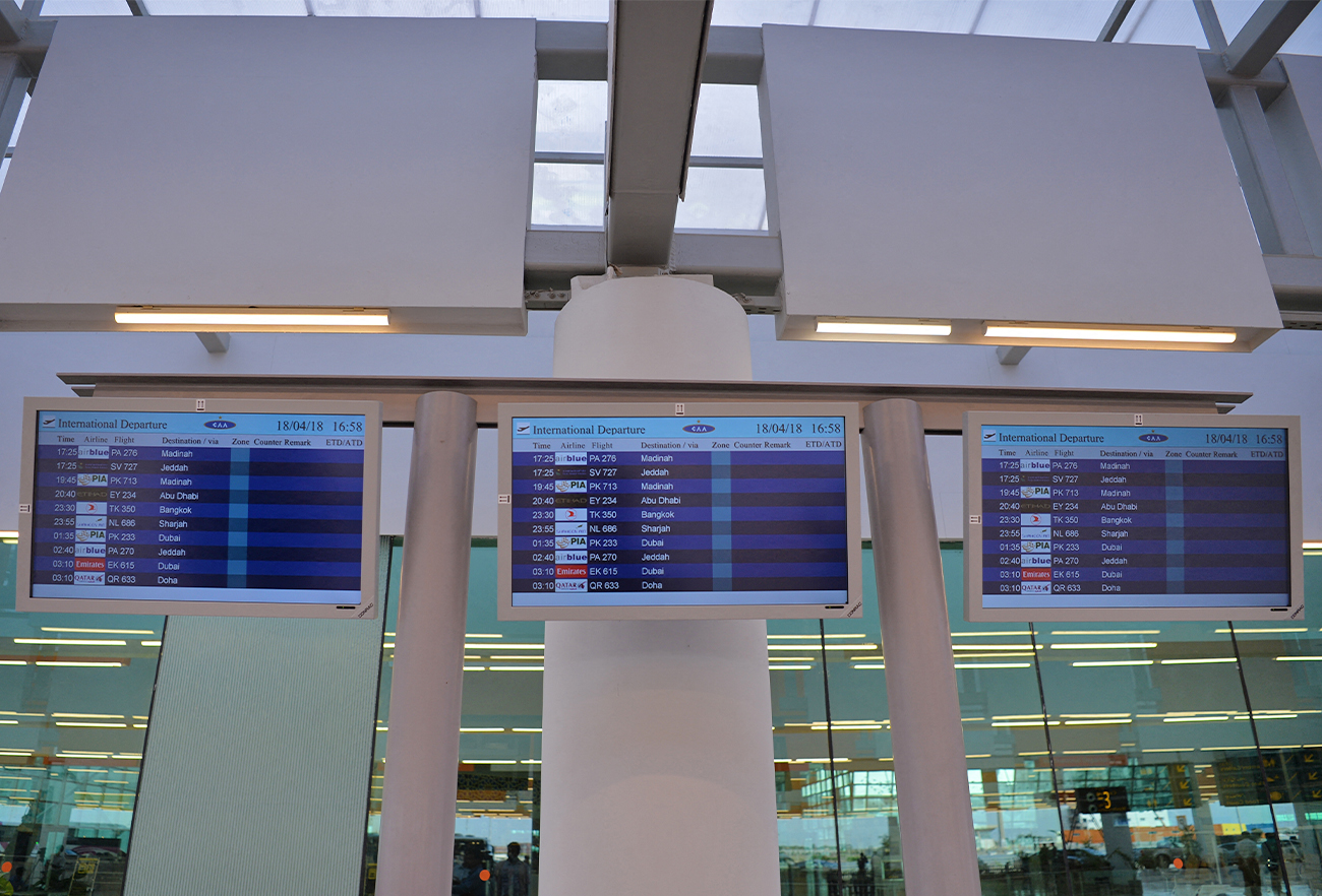 Flights schedule monitors hang at Islamabad International Airport, in Islamabad, Pakistan, on April 18, 2018. (AFP/File)