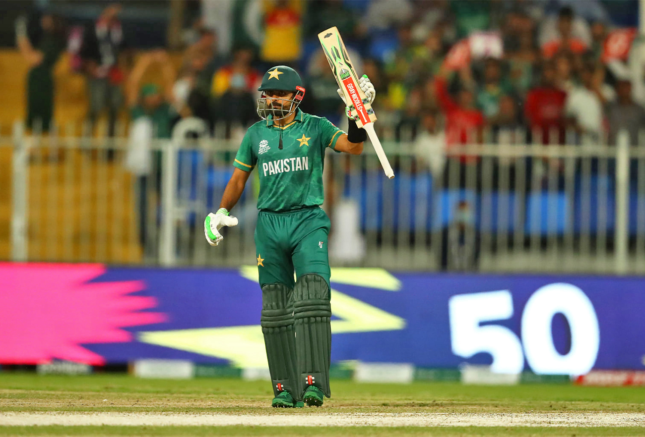 Pakistan skipper Babar Azam celebrates half century during the ICC Men's T20 World Cup match against Scotland at Sharjah Cricket Stadium in Sharjah, UAE, on November 07, 2021. (PCB)