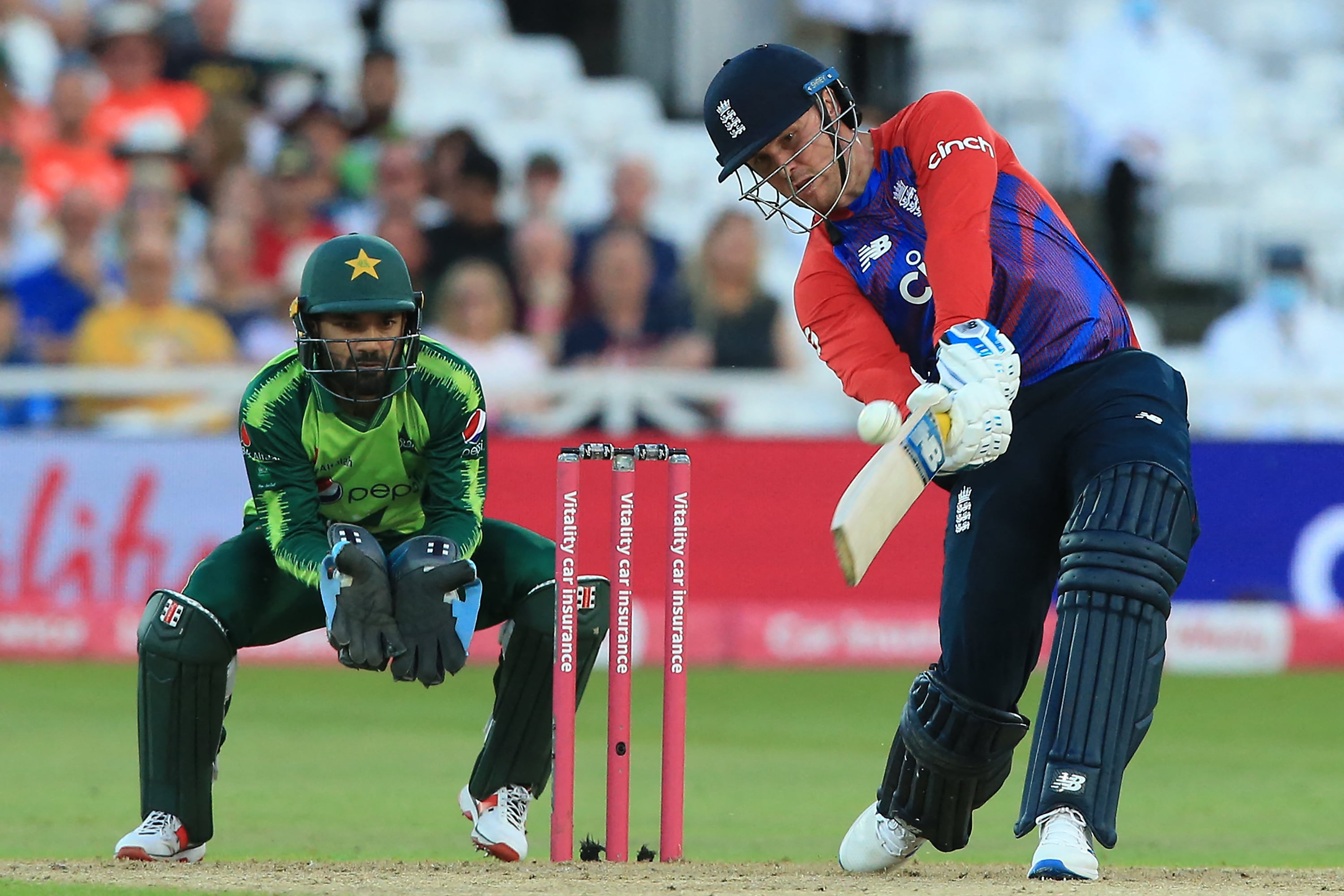 England's Jason Roy hits a six during the T20 cricket match between England and Pakistan at Trent Bridge, Nottingham, England on July 16, 2021. (AFP)