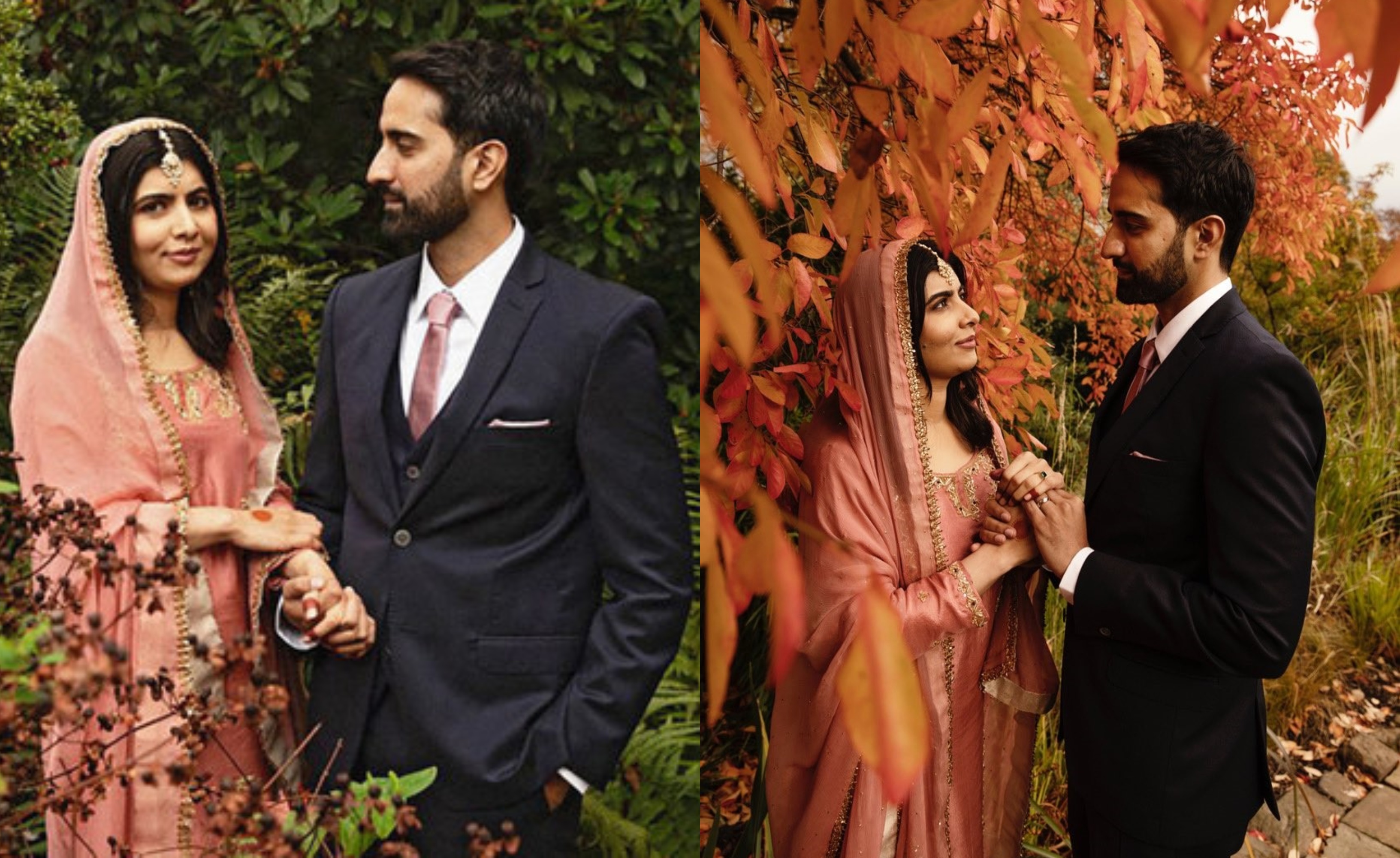 Collage of photos shared by Pakistani Nobel Peace Prize laureate Malala Yousafzai, as she poses with her husband (R) on her wedding day in their home in Birmingham, England, on November 9, 2021. (Photo courtesy: @Malala/Twitter)