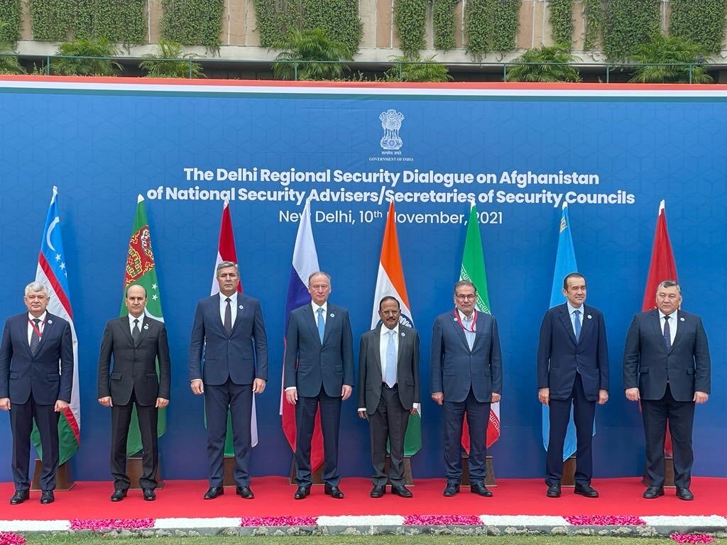 This photograph provided by the Ministry of External Affairs shows, From left, Uzbekistan, Turkmenistan, Tajikistan, Russia, India, Iran, Kazakhstan, Kyrgyz Republic, in New Delhi, India, Wednesday, Nov. 10, 2021. (AP)