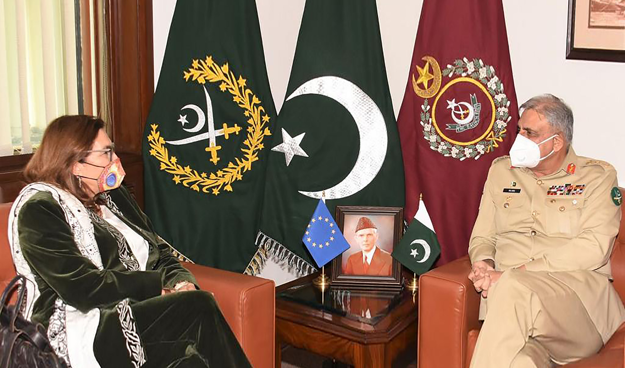 Ambassador of European Union (EU) Androulla Kaminara, left, calls on Pakistan's army chief General Qamar Javed Bajwa in Islamabad, Pakistan, on November 10, 2021. (Photo courtesy: ISPR)