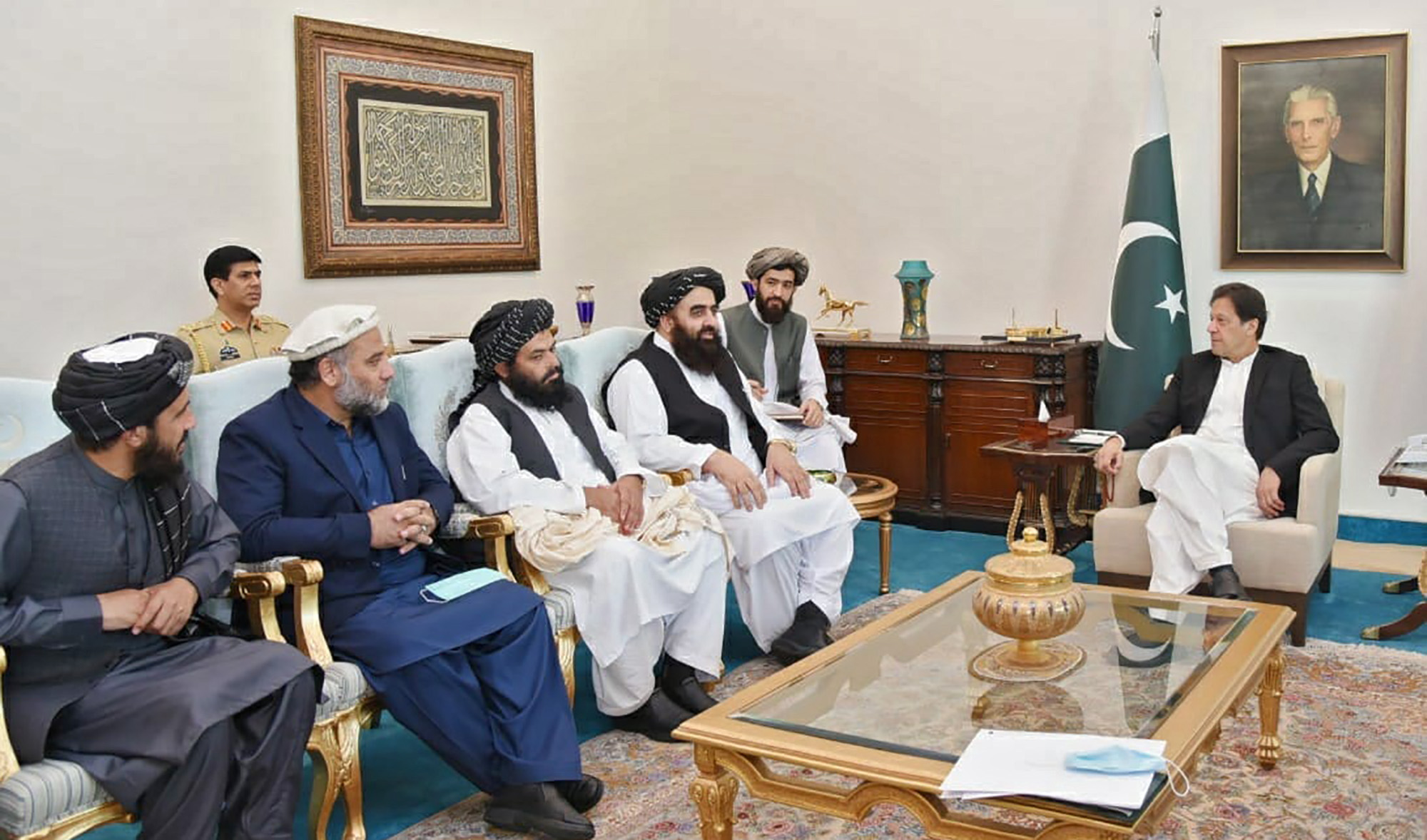 Afghanistan’s interim foreign minister Amir Khan Muttaqi, third right, calls in Pakistan Prime Minister Imran Khan in Islamabad on November 12, 2021. (Photo courtesy: ImranKhanOfficial/Facebook)