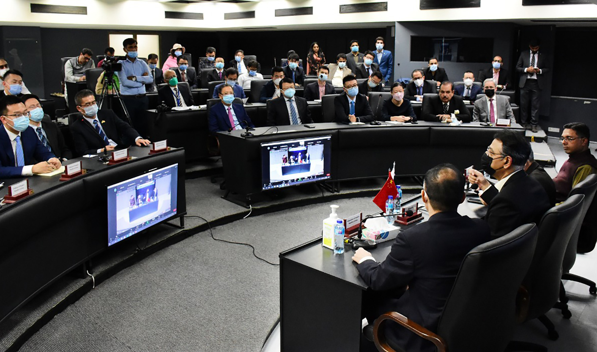 Pakistan's Planning Minister Asad Umar speaks during a meeting of representatives of Chinese companies working in Pakistan, on November 15, 2021. (Photo courtesy: @PlanComPakistan/Twitter)