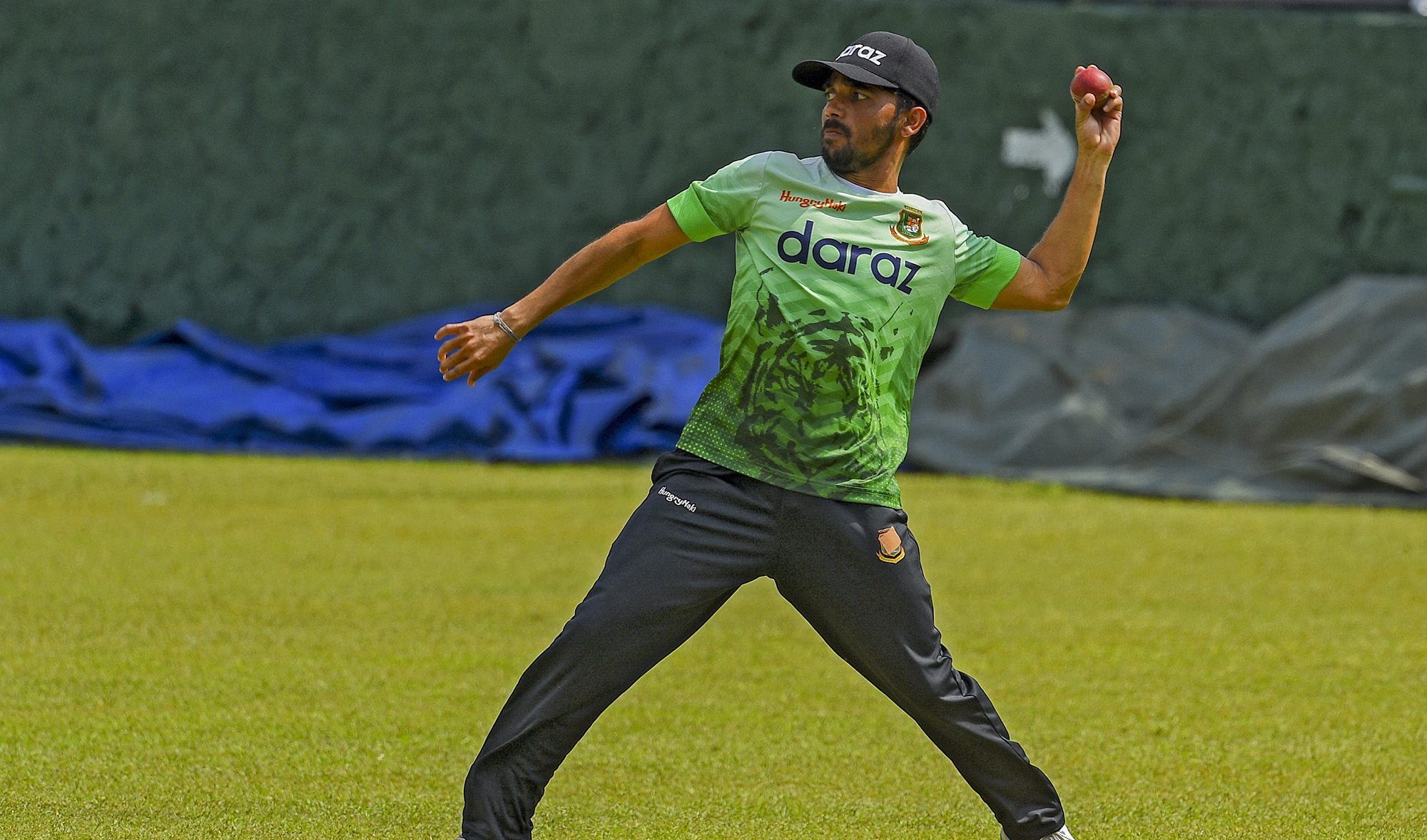 Bangladesh's cricket captain Mominul Haque throws a ball during a practice session at the Pallekele International Cricket Stadium in Kandy, Sri Lanka on April 20, 2021. (AFP/File)