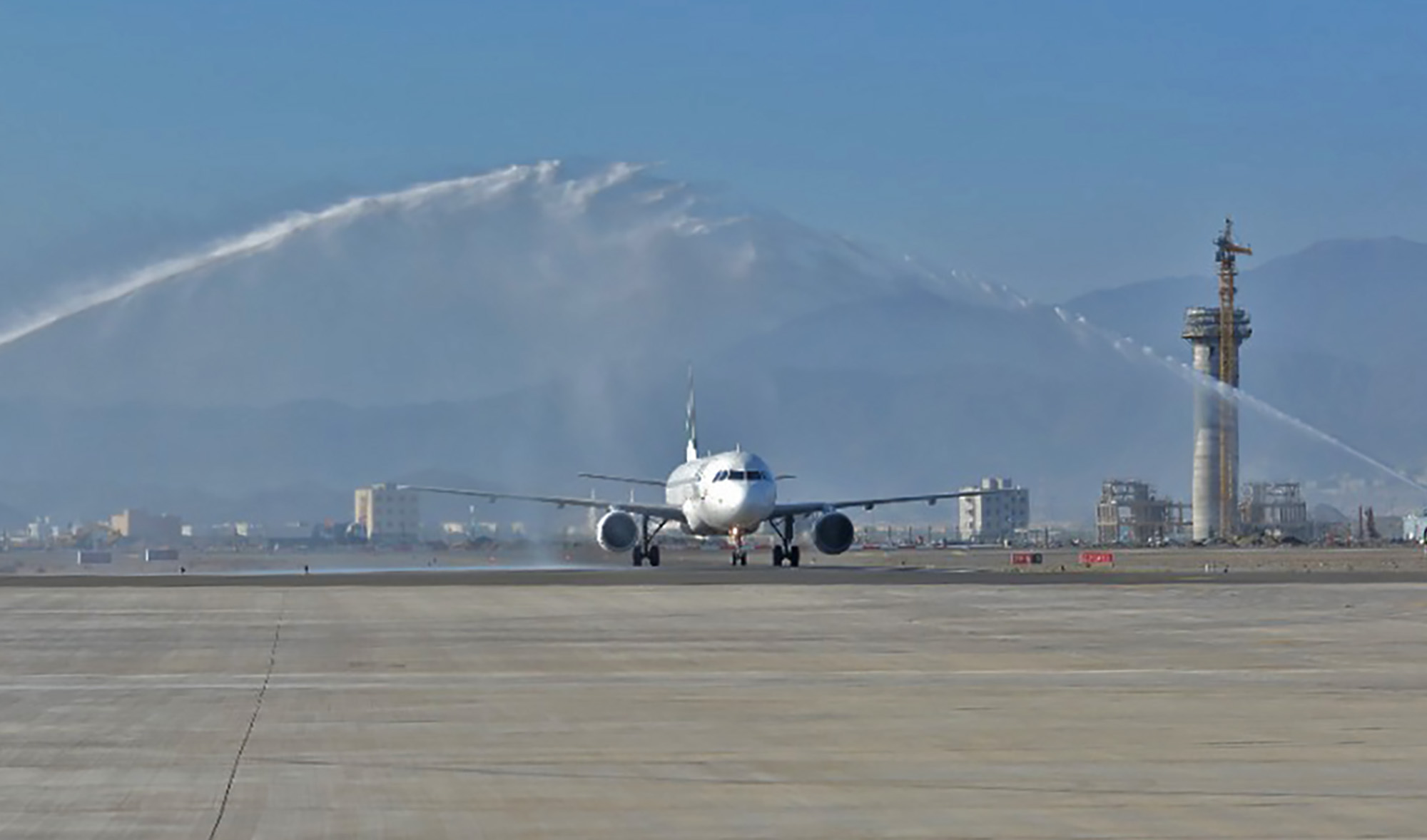 A Pakistan International Airlines aircraft received a water salute at the Fujairah airport, UAE, on November 25, 2021. (Photo courtesy: social media)