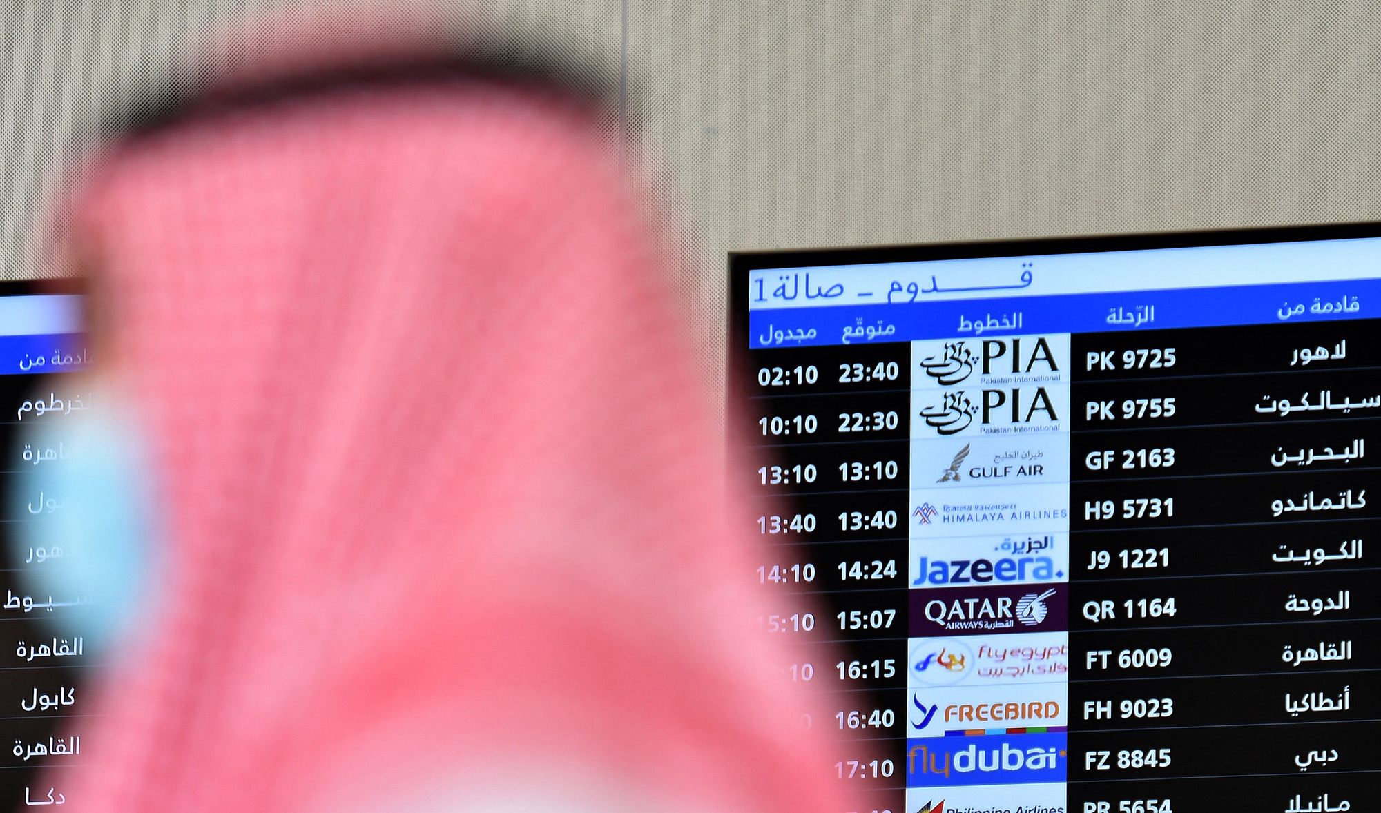 A Saudi man stands in front of the flight information display system at the King Khalid International Airport in Riyadh, Saudi Arabia, on January 11, 2021. (AFP/File)