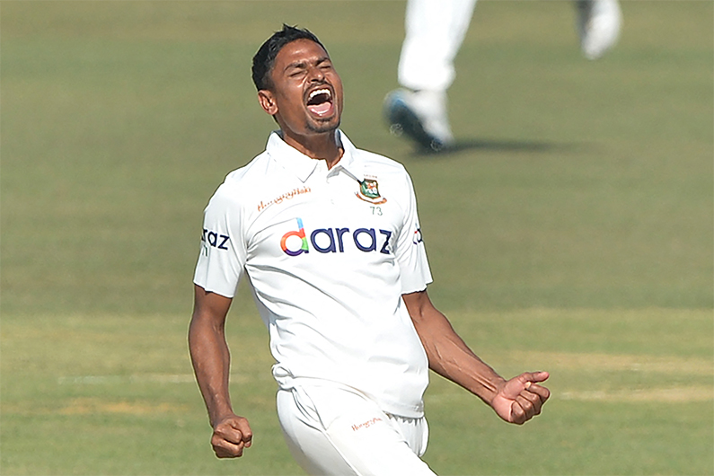 Bangladesh's Taijul Islam appeals for leg before wicket (LBW) against Pakistan's Sajid Khan during the third day of the first Test cricket match between Bangladesh and Pakistan at the Zahur Ahmed Chowdhury Stadium in Chittagong on November 28, 2021. (AFP)