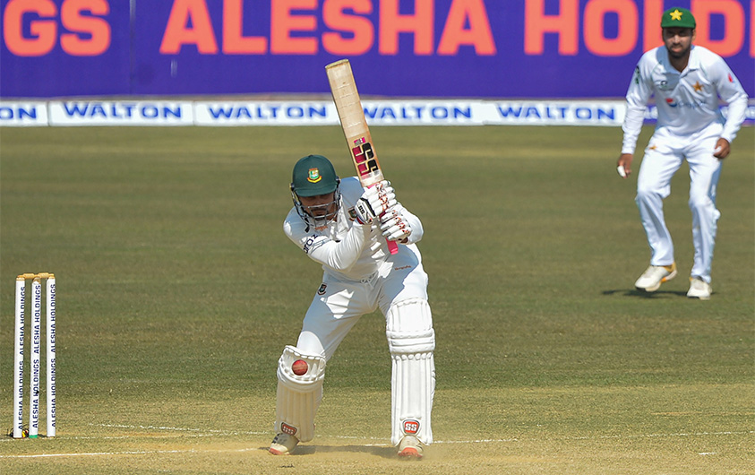 Bangladesh's Nurul Hasan plays a shot during the fourth day of the first Test cricket match between Bangladesh and Pakistan at the Zahur Ahmed Chowdhury Stadium in Chittagong on November 29, 2021. (AFP)