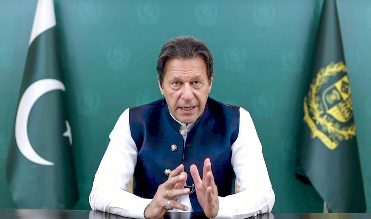 In this image taken from video provided by UN Web TV, Imran Khan, Prime Minister of Pakistan, remotely addresses the 76th session of the United Nations General Assembly in a pre-recorded message, Friday Sept. 24, 2021 at UN headquarters. (AP)