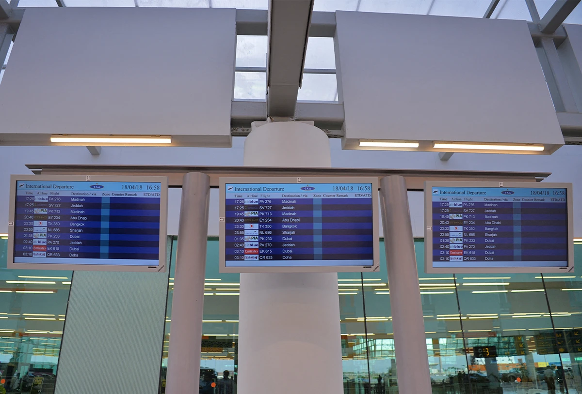 Flights schedule monitors hang at Islamabad International Airport, in Islamabad, Pakistan, on April 18, 2018. (AFP/File)