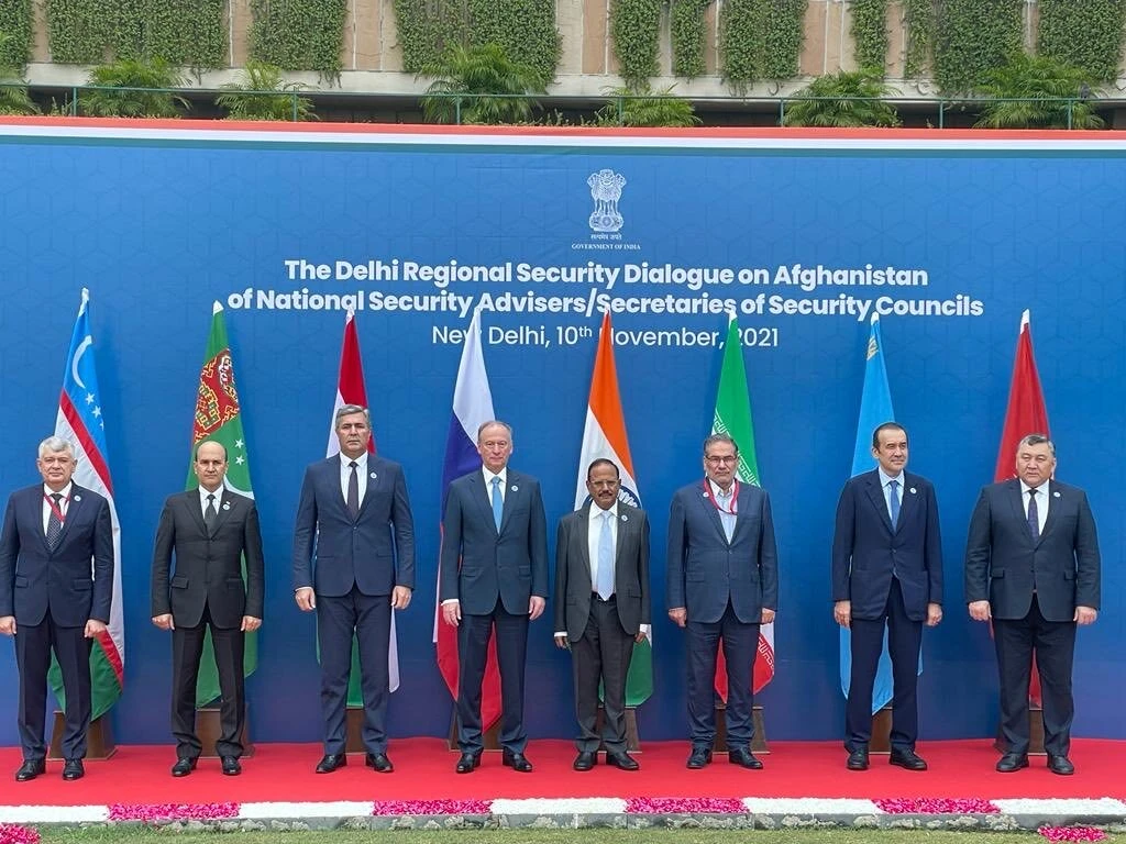 This photograph provided by the Ministry of External Affairs shows, From left, Uzbekistan, Turkmenistan, Tajikistan, Russia, India, Iran, Kazakhstan, Kyrgyz Republic, in New Delhi, India, Wednesday, Nov. 10, 2021. (AP)