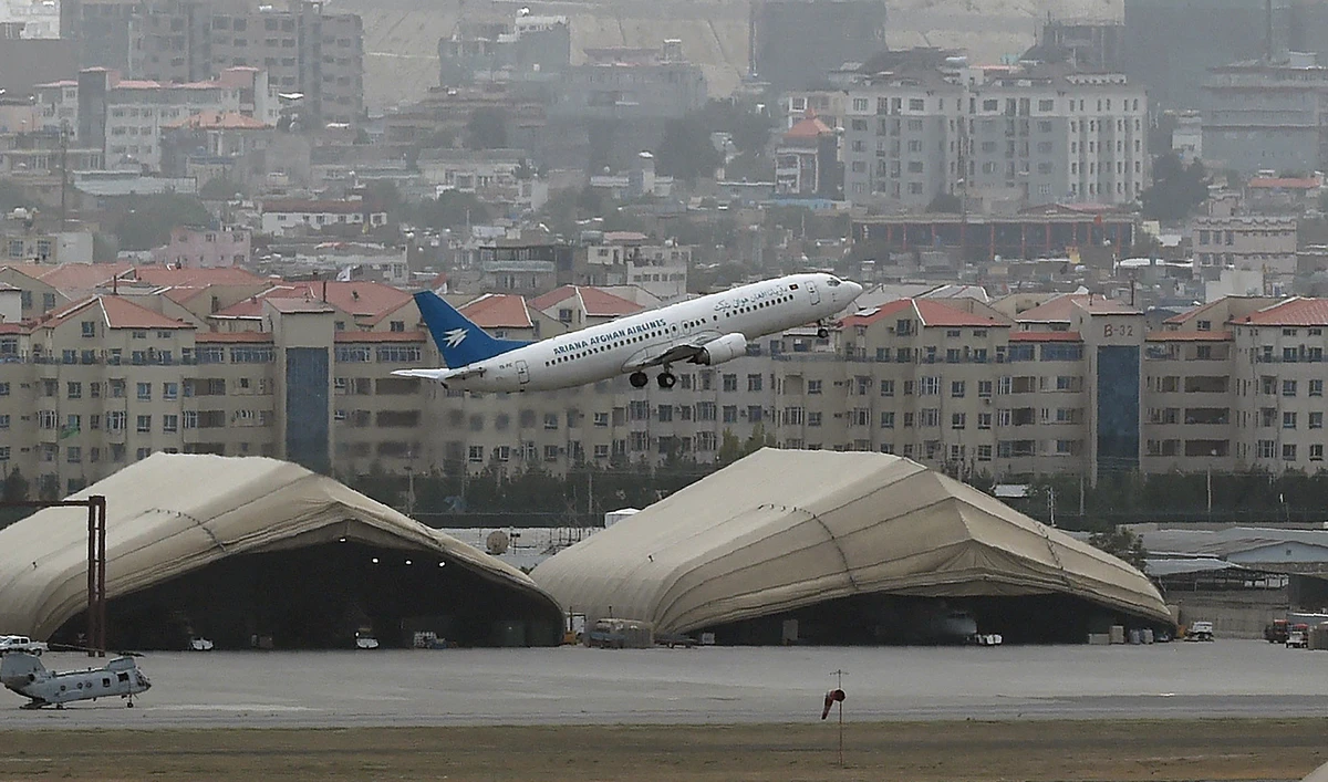 This picture taken on August 14, 2021 shows an Ariana Afghan Airlines aircraft taking-off from the airport in Kabul, Afghanistan. (AFP/File)