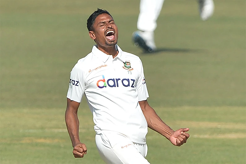 Bangladesh's Taijul Islam appeals for leg before wicket (LBW) against Pakistan's Sajid Khan during the third day of the first Test cricket match between Bangladesh and Pakistan at the Zahur Ahmed Chowdhury Stadium in Chittagong on November 28, 2021. (AFP)
