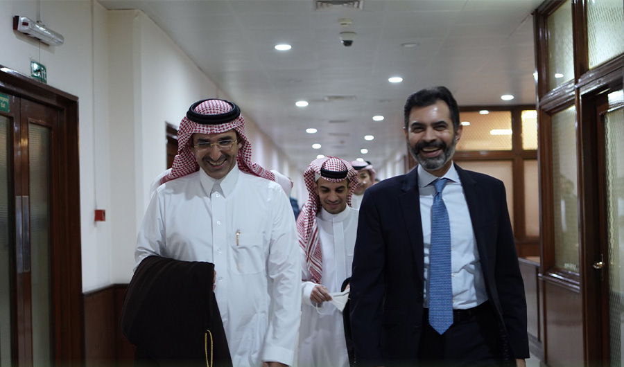 Governor State Bank of Pakistan, Dr. Reza Baqir (R), and Saudi Fund for Development's Chief Executive Officer, Sultan Bin AbdulRahman Al-Marshad (L), walks after signing an agreement in Karachi, Pakistan, on Nov 29, 2021. (Saudi Embassy in Pakistan)