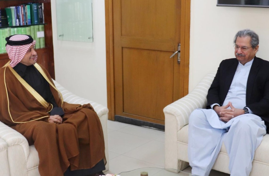 The ambassador of state of Qatar, Shaikh Saoud bin Abdulrahman Al-Thani called on the Federal Minister for Education Shafqat Mahmood at his office in Islamabad, Pakistan on December 2, 2021. (PID Photo)