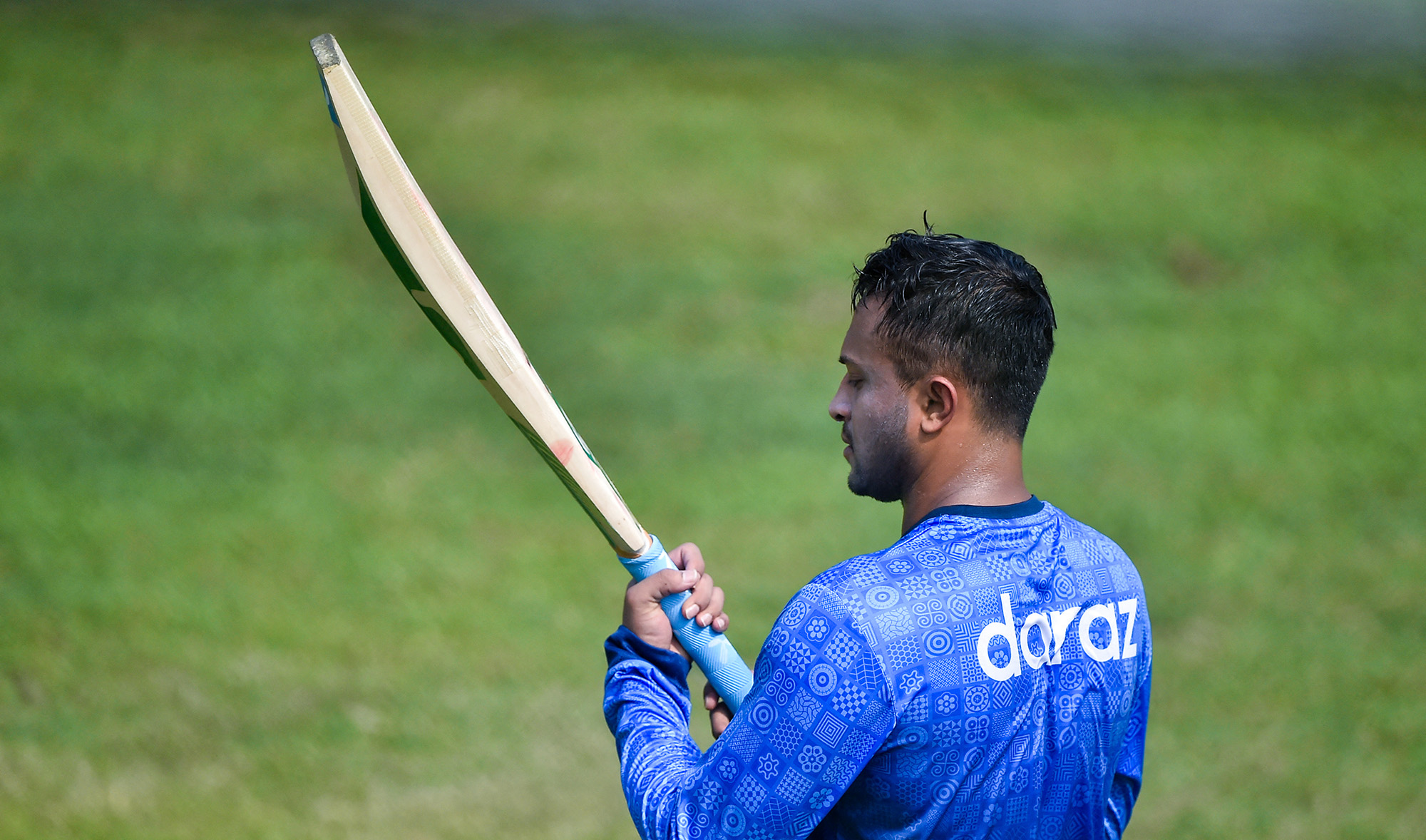 Bangladesh's Shakib Al Hasan checks his bat during a training session at the Sher-e-Bangla National Cricket Stadium ahead of the second Test cricket match in Dhaka on December 2, 2021. (AFP)