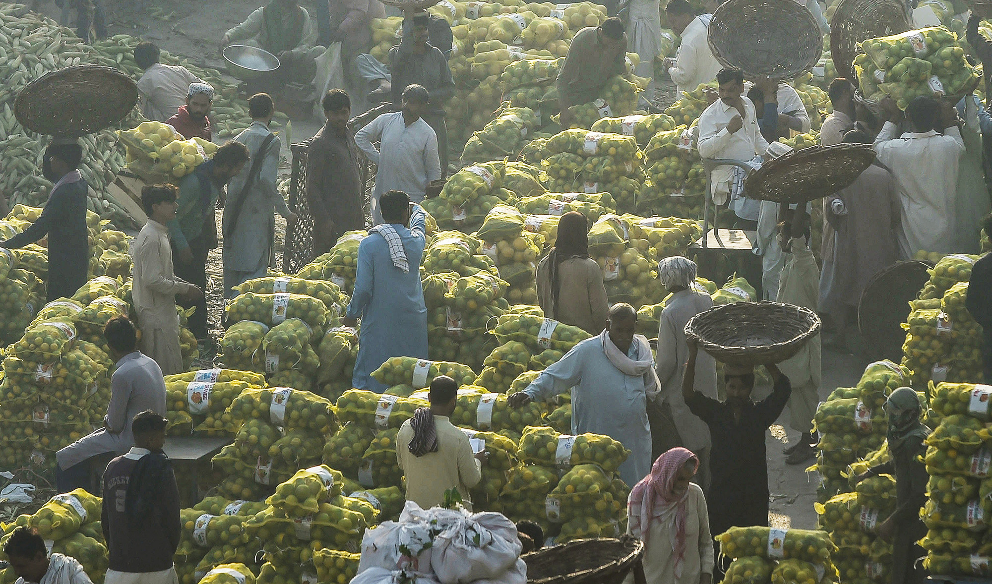 Traders gather at the fruit market early in the morning in Lahore, Pakistan, on November 8, 2021. (AFP/File)