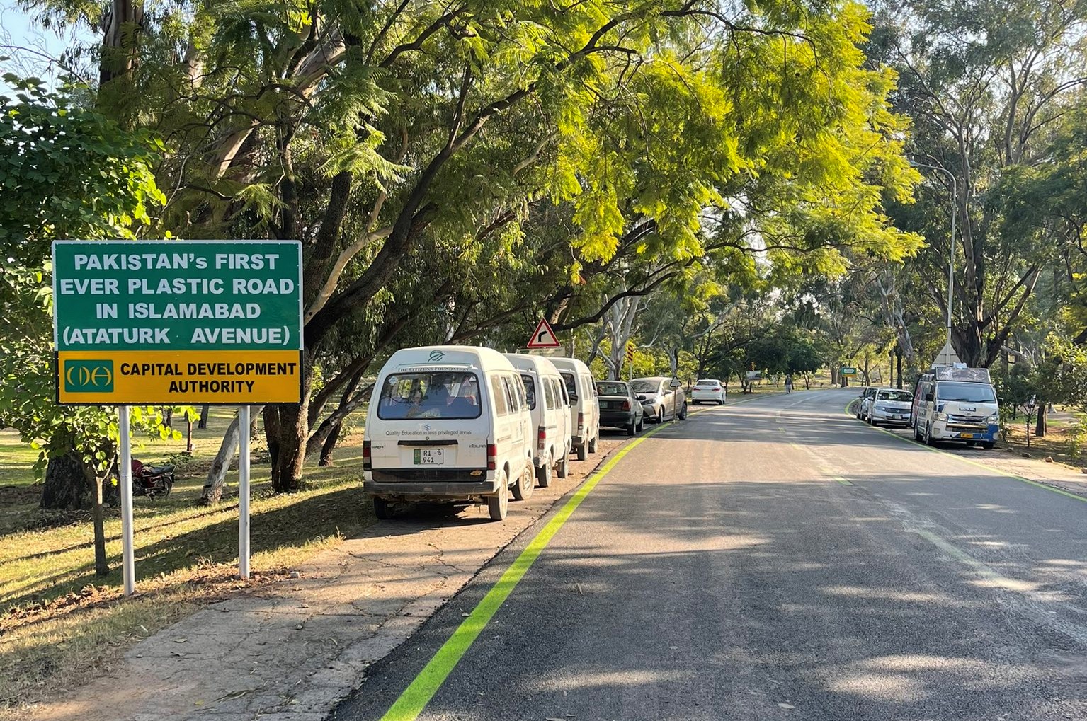 A general view of Pakistan’s first plastic road carpeted using recycled plastic at Ataturk Avenue in Islamabad, Pakistan on December 6, 2021. (Photo courtesy: Social Media)