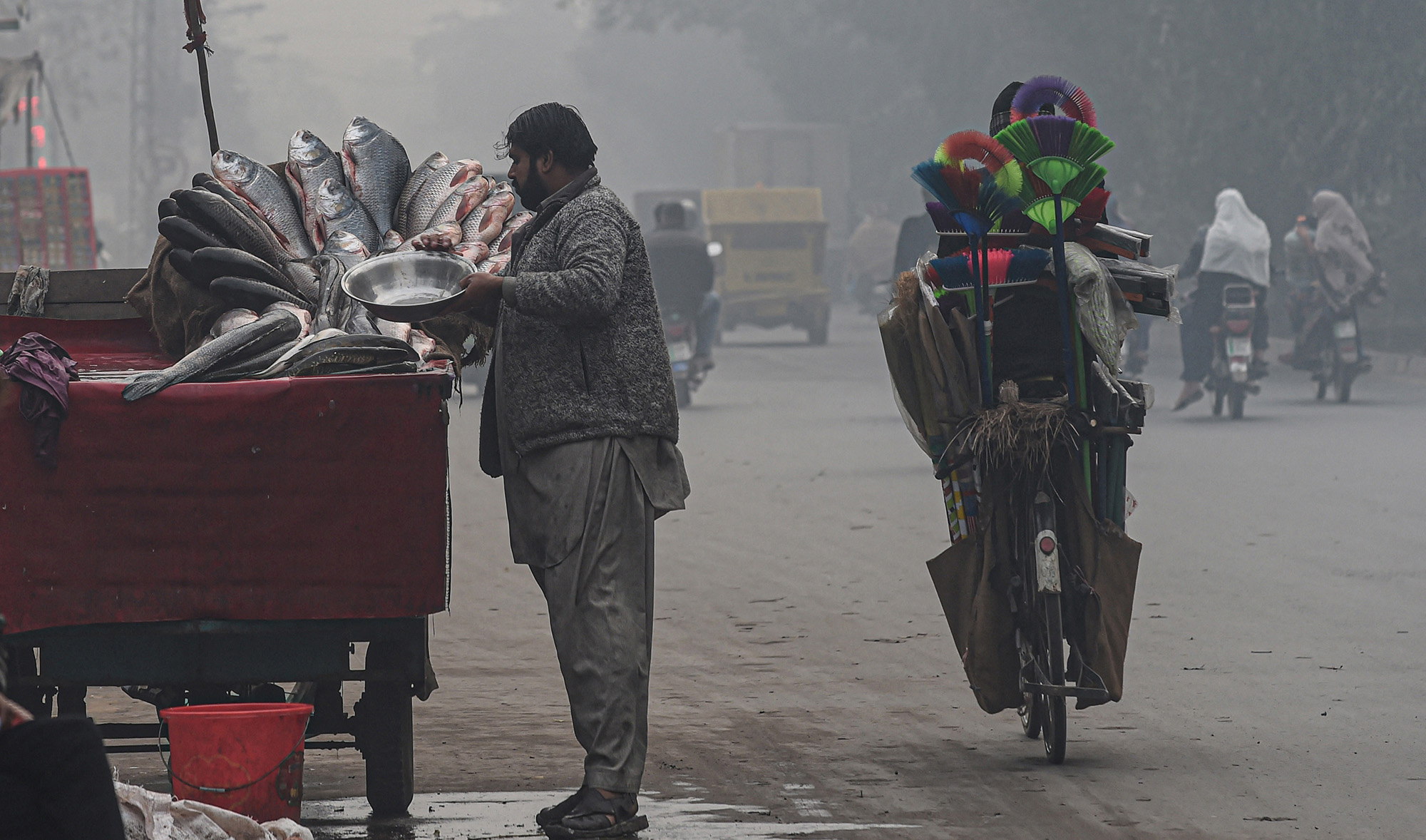 A vendor arranges fish on a cart on a roadside in Lahore, Pakistan, on December 2, 2021. (AFP)