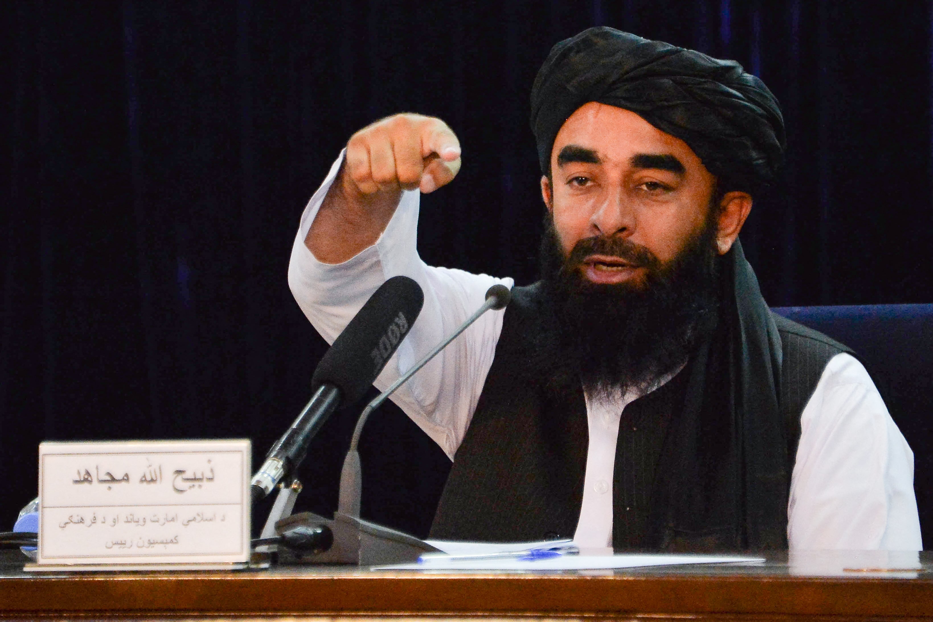 Taliban spokesperson Zabihullah Mujahid gestures as he speaks during a press conference in Kabul on August 24, 2021 after the Taliban stunning takeover of Afghanistan. (AFP)