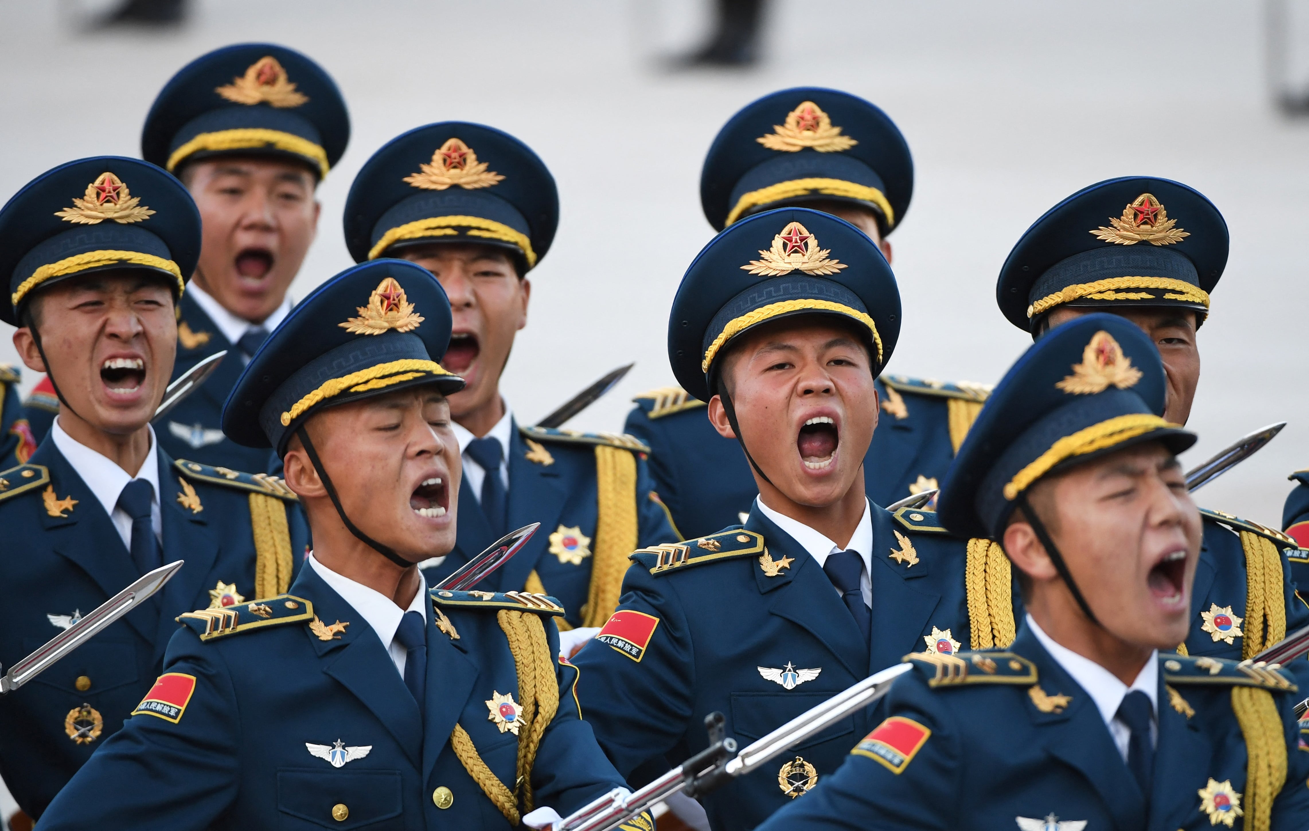 Members of a military honour guard parade during a welcome ceremony for Pakistani Prime Minister Imran Khan outside the Great Hall of the People in Beijing on October 8, 2019. (AFP/File)