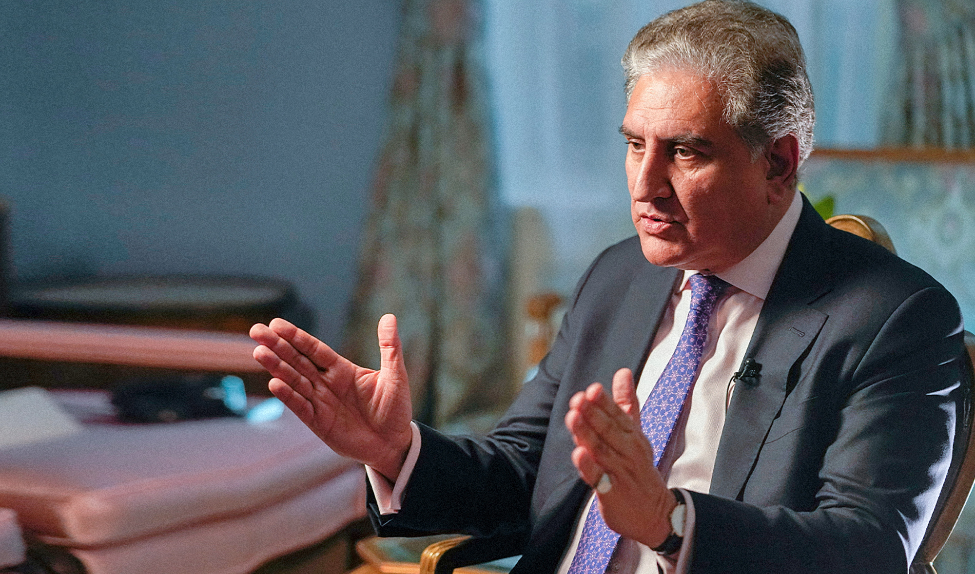 Pakistan's Foreign Minister Shah Mehmood Qureshi speaks during an interview with The Associated Press in New York, US, on September 22, 2021. (AP/File)