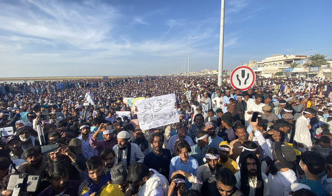 Thousands of demonstrators gather at Marine Drive in Gwadar, Pakistan, on December 10, 2021, to protest illegal trawling, token system at the Pak-Iran border and security checkpoints in their city. (AN Photo)