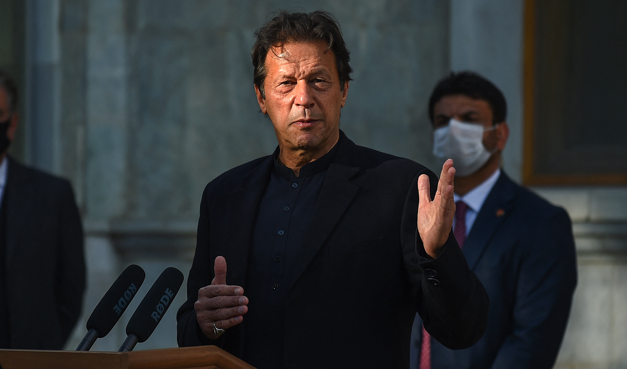 Pakistan's Prime Minister Imran Khan speaks during a press conference at the Presidential Palace in Kabul, Afghanistan, on November 19, 2020. (AFP/File)