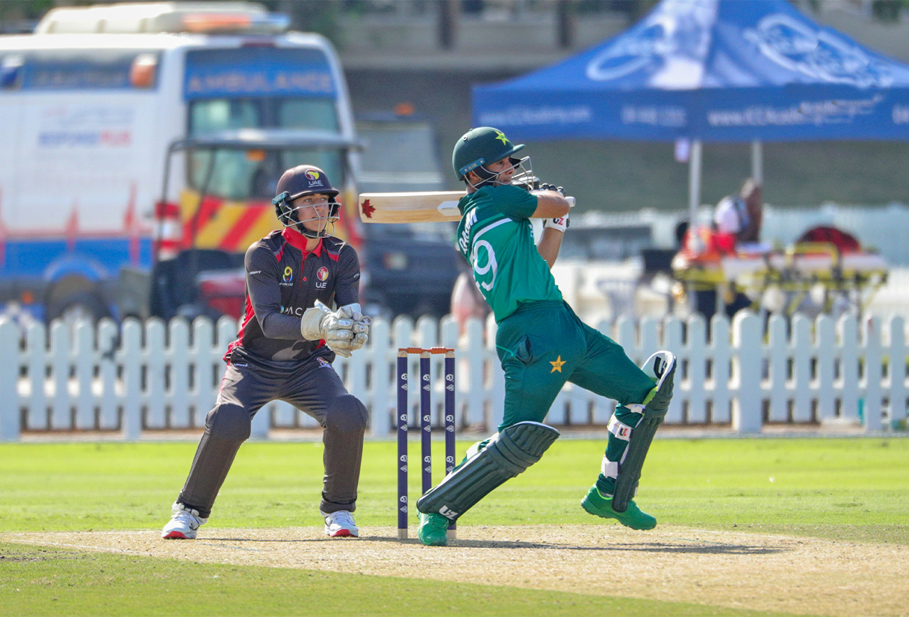 Pakistan's skipper Qasim Akram plays a shot against UAE during the Asian Cricket Council’s Under19 group stage cricket match between Pakistan and UAE in Dubai, United Arab Emirates, on December 27, 2021. (Asian Cricket Council)