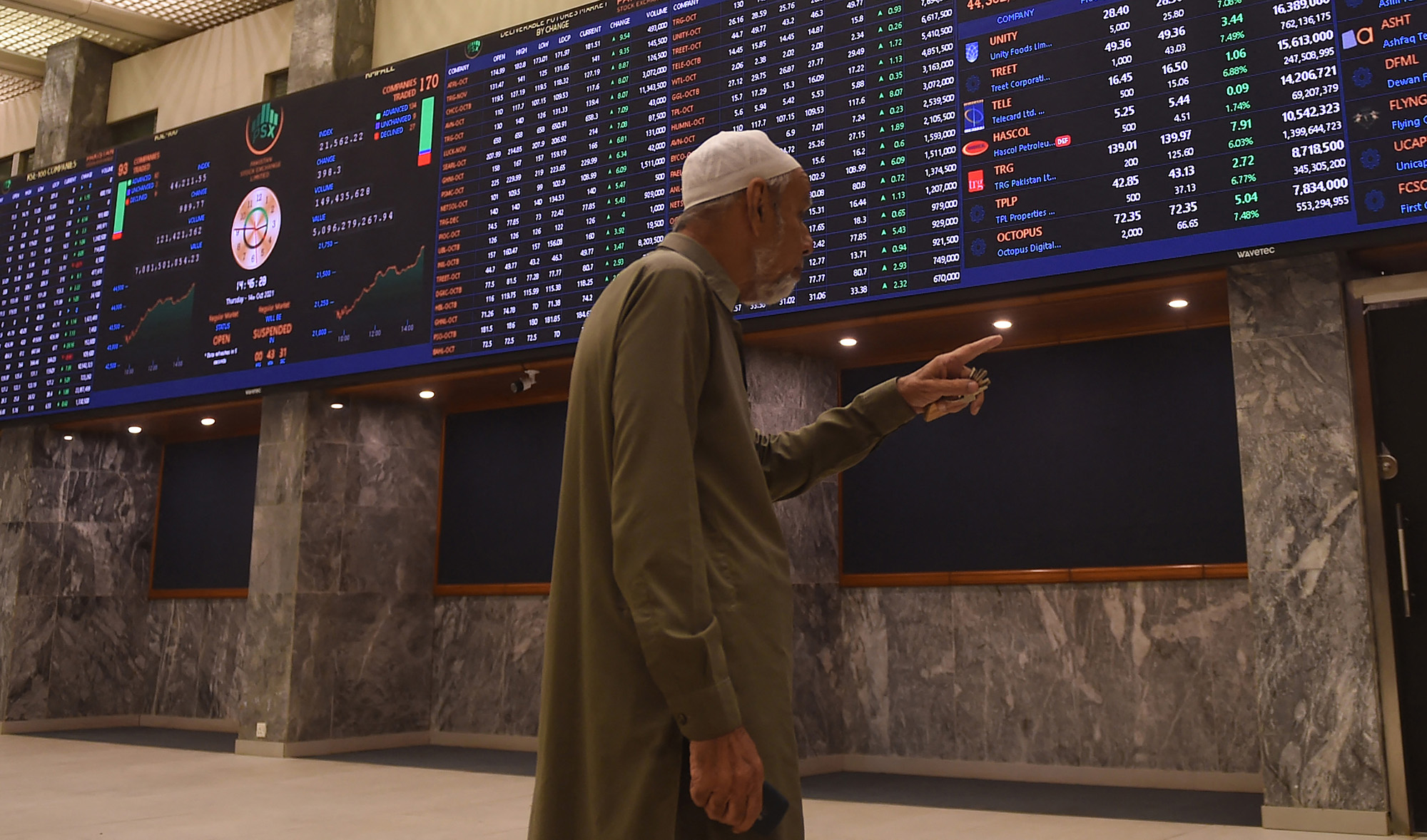 A stockbroker watches an index board showing the latest share prices during a trading session at the Pakistan Stock Exchange (PSX) in Karachi on October 14, 2021. (AFP/File)