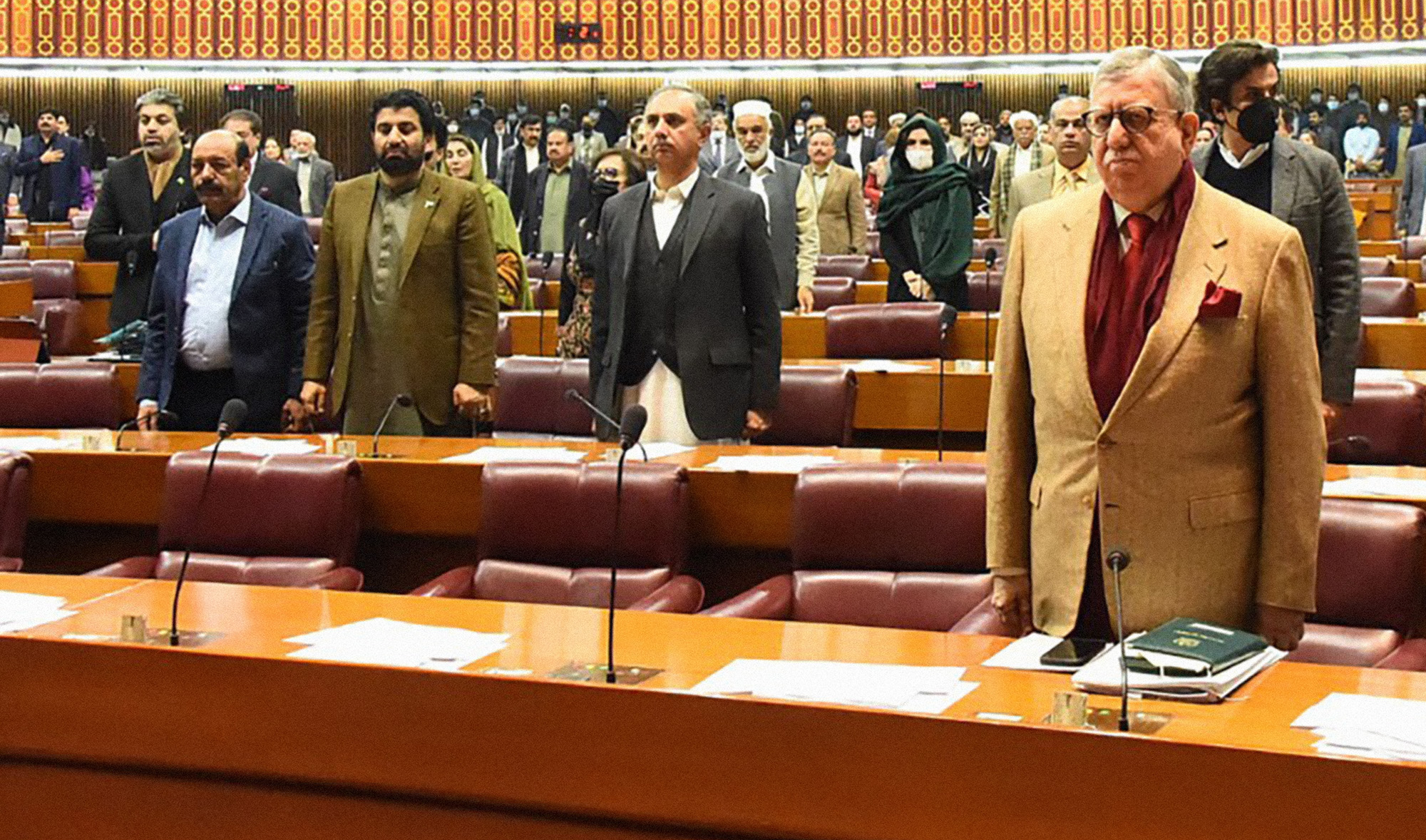 Pakistan's finance minister Shaukat Tarin, front right, is seen at the National Assembly in Islamabad to present the supplementary finance bill on December 30, 2021. (Photo courtesy: @NAofPakistan/Twitter)