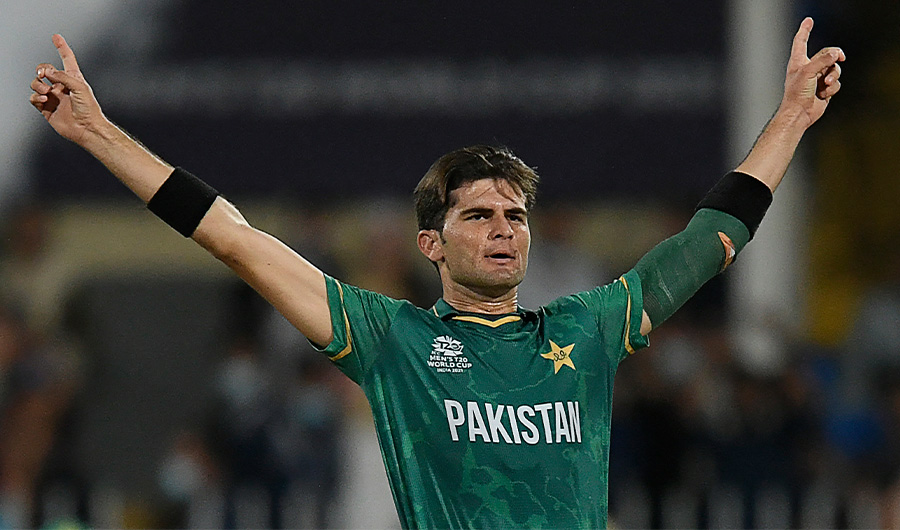 Pakistan's Shaheen Shah Afridi celebrates after the dismissal of Scotland's Michael Leask during the ICC men’s Twenty20 World Cup cricket match in Sharjah on Nov 7, 2021. (AFP)