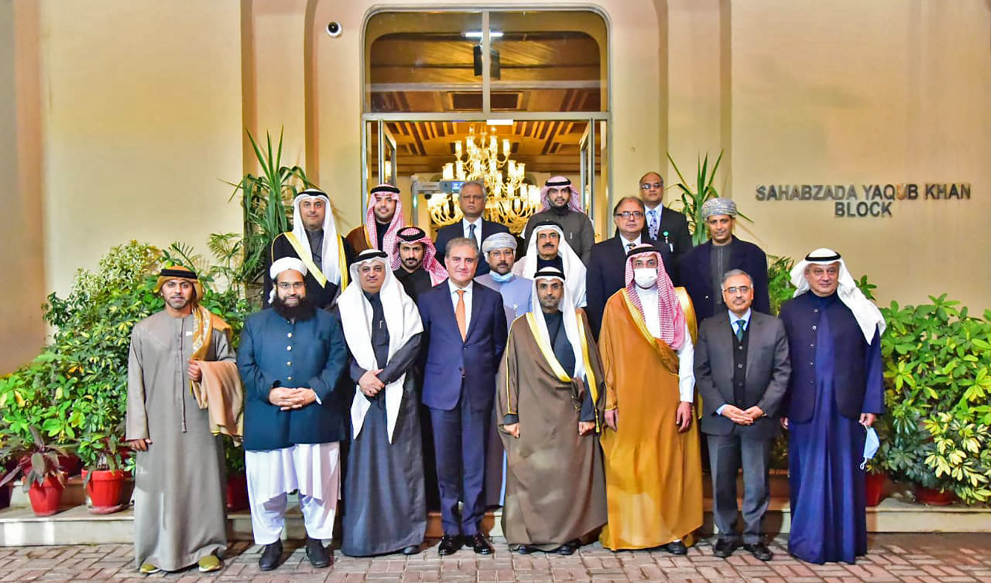 Pakistan's foreign minister Shah Mahmood Qureshi, 4th left, along with ambassadors and officials of the Gulf Cooperation Council (GCC) countries in Islamabad, Pakistan, on January 5, 2022. (Photo courtesy: KSA Embassy Islamabad)