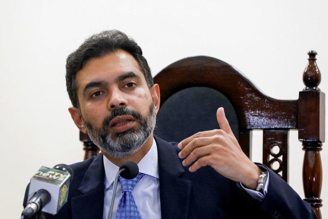 Reza Baqir, Governor of the State Bank of Pakistan (SBP), gestures during a news conference at the head office in Karachi, Pakistan January 22, 2021. (REUTERS)
