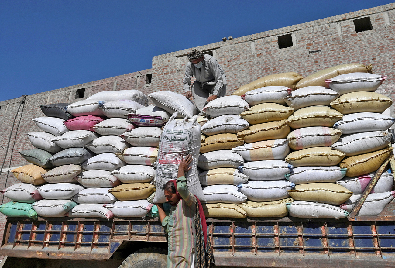In this picture taken on March 31, 2021, workers unload sacks of rice for a refining process at the Al-Barkat Rice Mills on the outskirts of Lahore, Pakistan. (AFP/File)