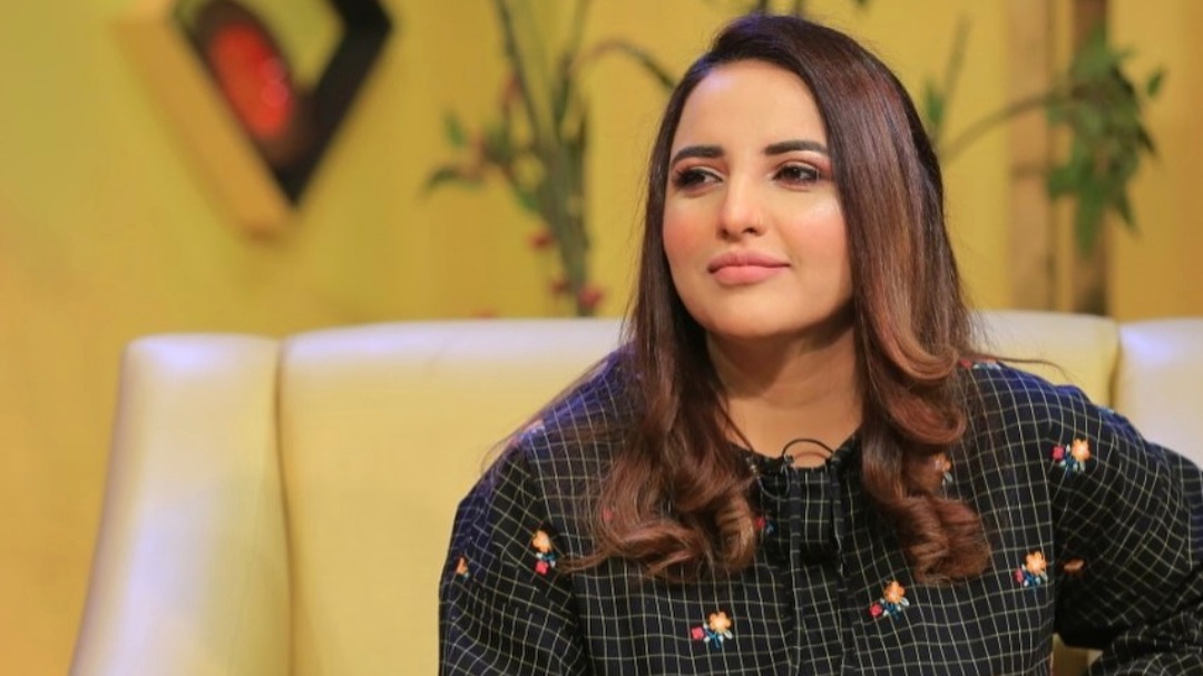 This photograph released by Hareem Shah on January 9, 2022, shows her during the morning broadcast of a local television channel in Pakistan. (Photo courtesy: Hareem Shah/Instagram)