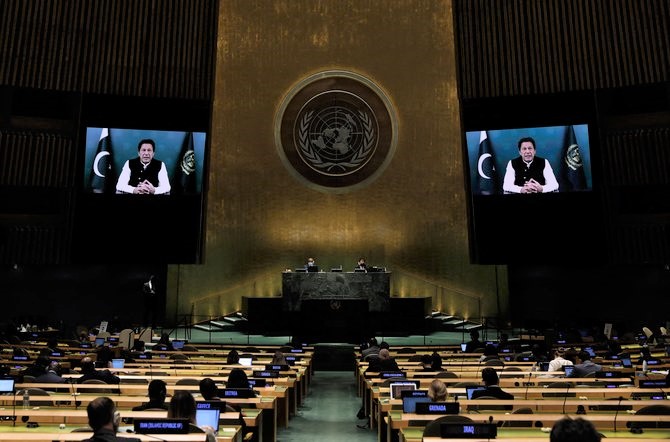 This UN handout photo shows Imran Khan, Prime Minister of the Islamic Republic of Pakistan, as he virtually addresses the general debate of the 75th session of the United Nations General Assembly, on September 25, 2020, in New York. (AFP)