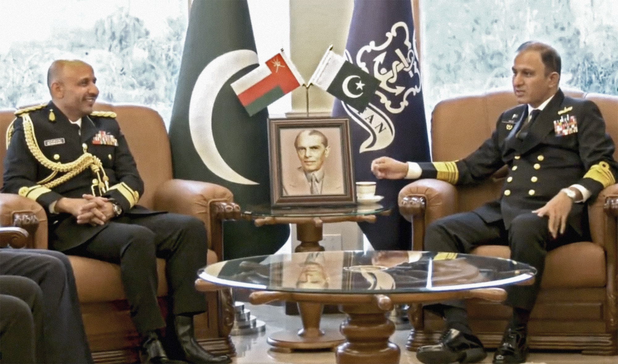 Commander Royal Navy of Oman Rear Admiral Saif bin Nasser bin Mohsen Al-Rahbi, left, in a meeting with Pakistan’s Naval Chief Admiral Muhammad Amjad Khan Niazi in Islamabad, Pakistan, on January 17, 2022. (Photo courtesy: Pakistan Navy)