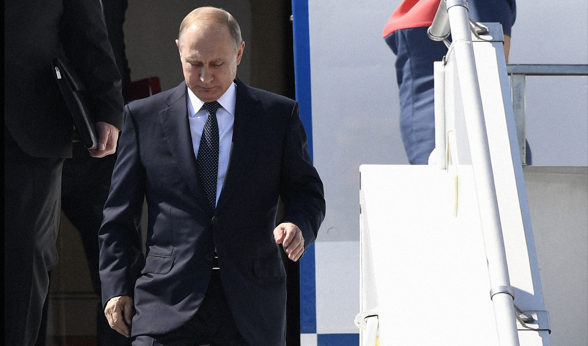 Russian President Vladimir Putin disembarks from an airplane upon arrival at Helsinki-Vantaa Airport in Helsinki, on July 16, 2018. (AFP/File)