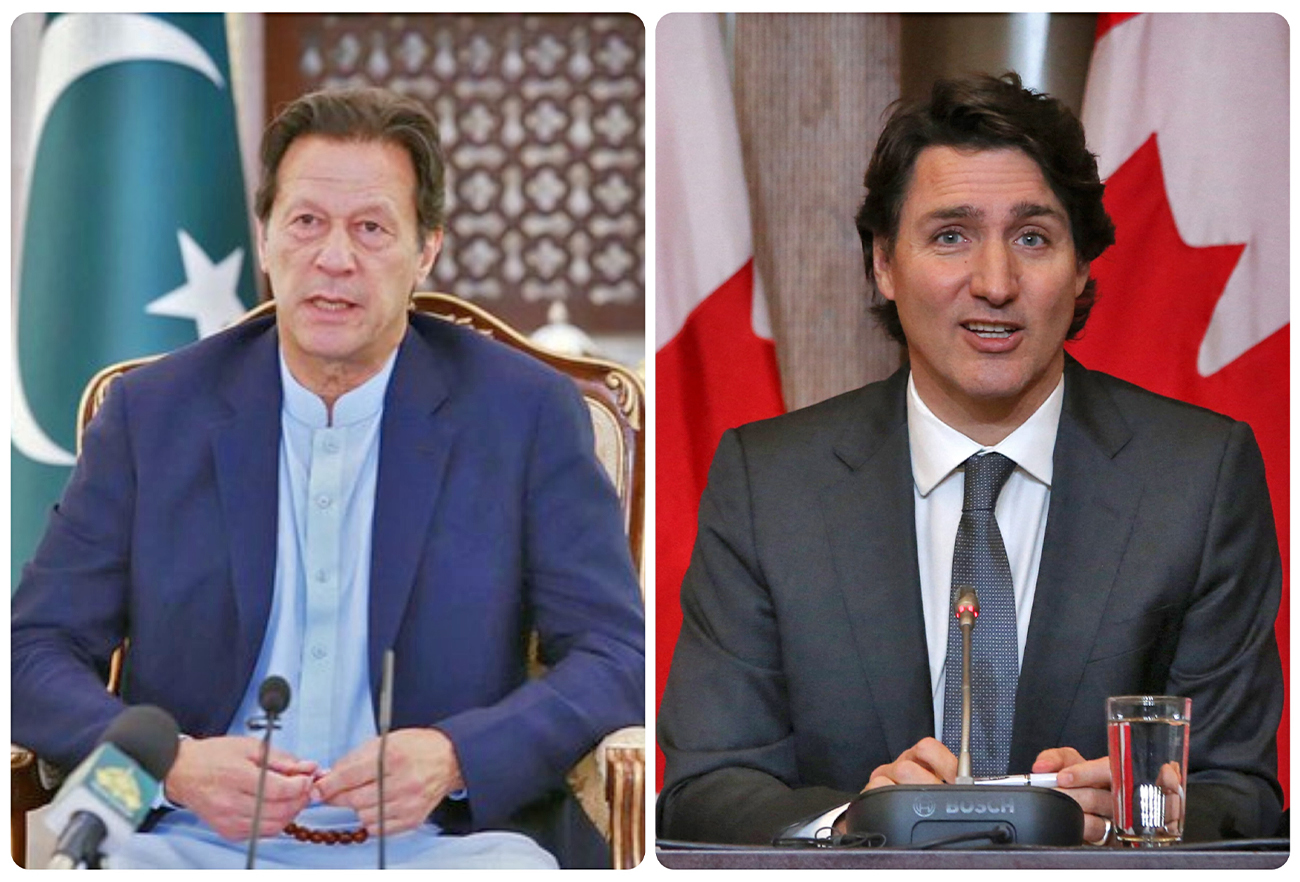 The collage shows Prime Minister Imran Khan (left) addressing the Tiger Force, in Islamabad on May 4, 2020 and Canada's Prime Minister Justin Trudeau at a news conference on Covid-19 situation on Jan. 12, 2022 in Ottawa. (PID/AFP)