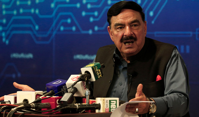 Pakistan's Interior Minister Sheikh Rashid speaks during a press conference on the brief abduction of the daughter of Afghan ambassador to Pakistan, in Islamabad on July 18, 2021. (AFP/FILE)