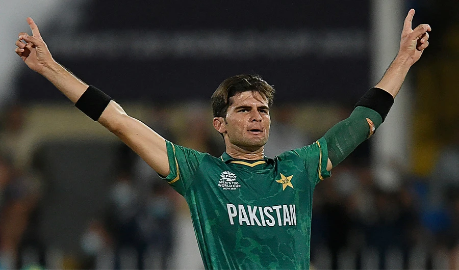 Pakistan's Shaheen Shah Afridi celebrates after the dismissal of Scotland's Michael Leask during the ICC men’s Twenty20 World Cup cricket match in Sharjah on Nov 7, 2021. (AFP)