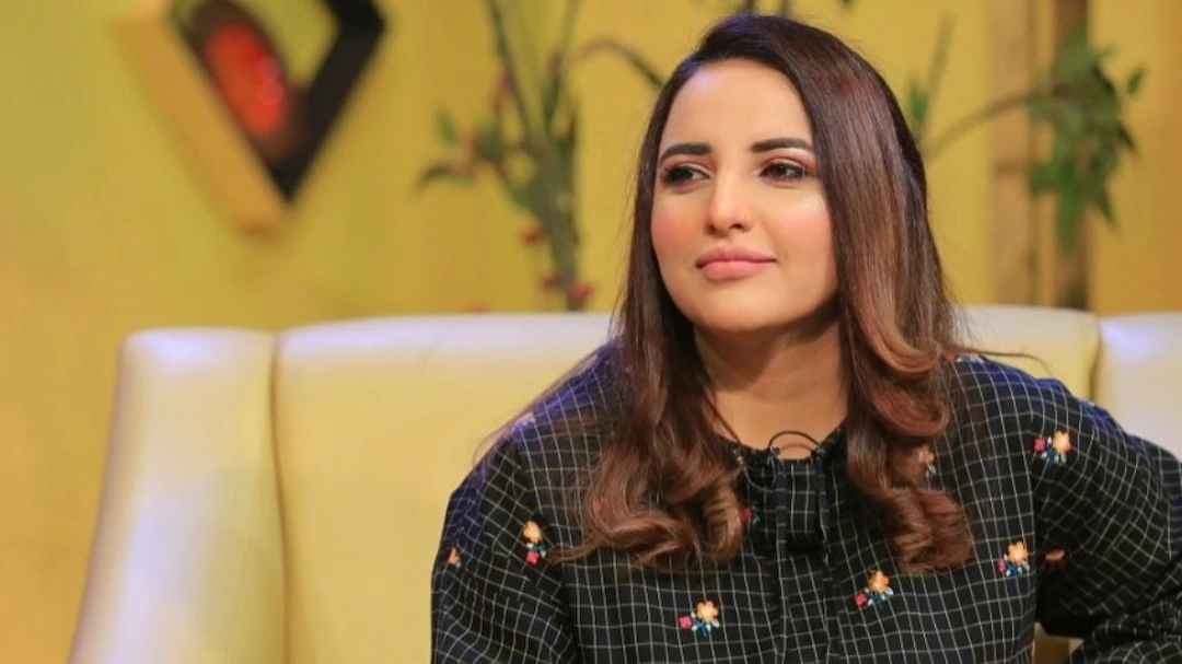 This photograph released by Hareem Shah on January 9, 2022, shows her during the morning broadcast of a local television channel in Pakistan. (Photo courtesy: Hareem Shah/Instagram)
