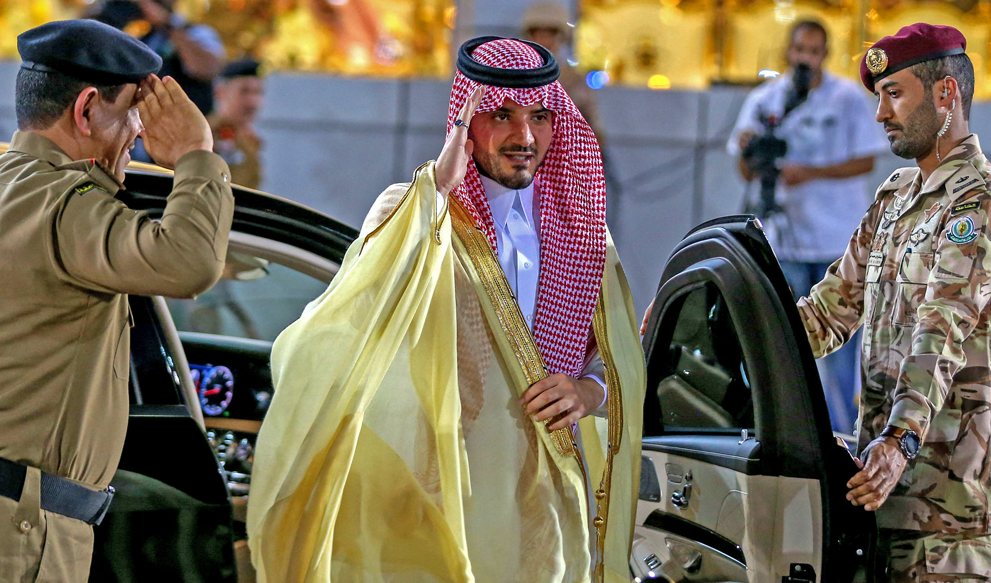 Saudi Interior Minister Prince Abdulaziz bin Saud bin Naif, center, arrives in the holy city of Makkah on August 4, 2019. (AFP/File)